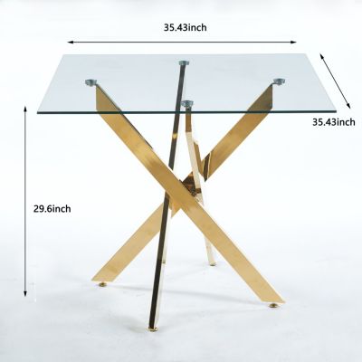 Modern Square Dining Table with Tempered Glass Top and Metal Legs (90x90x75cm)
