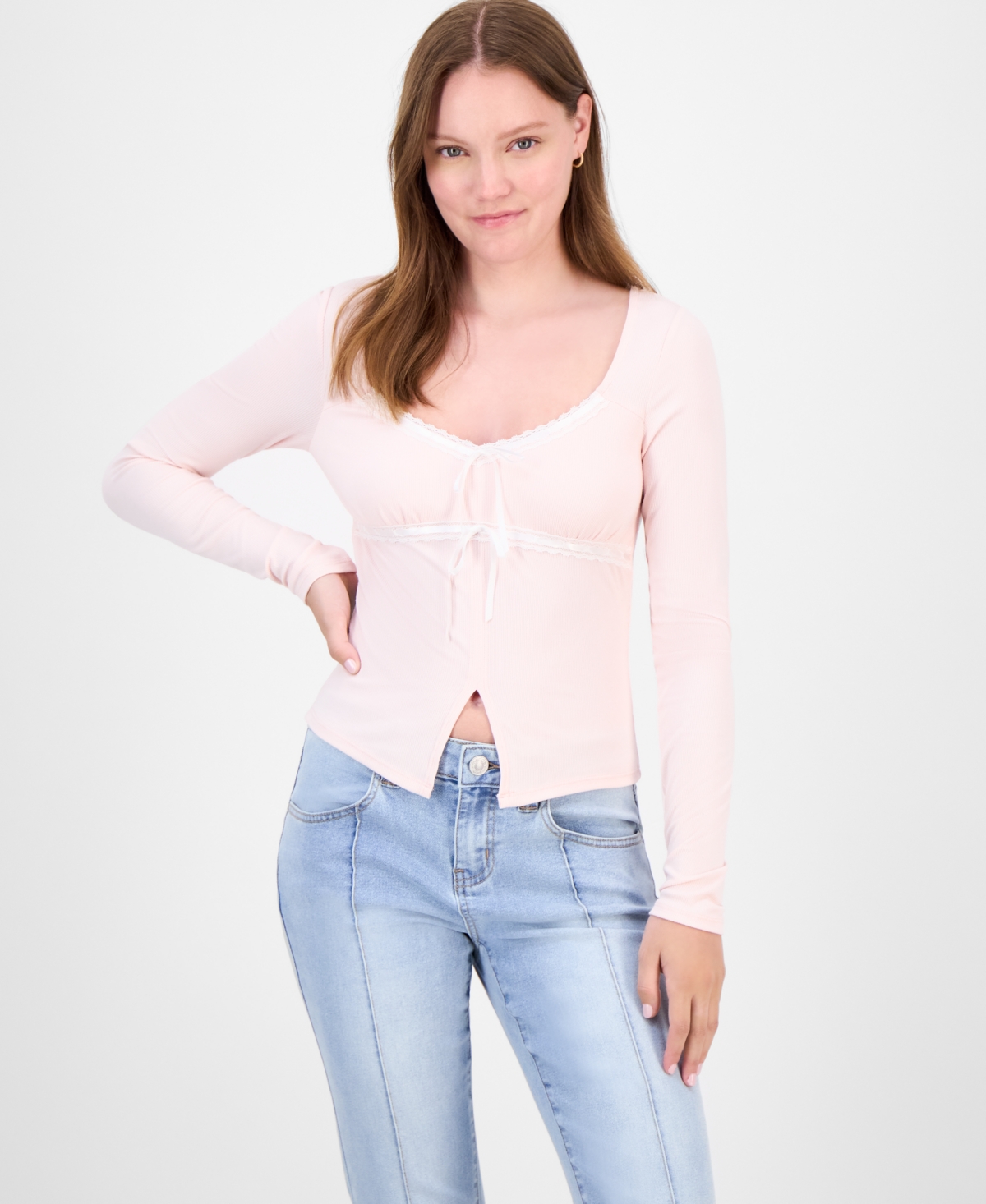 Just Polly Juniors' Lace-trim Sweetheart-neck Knit Top