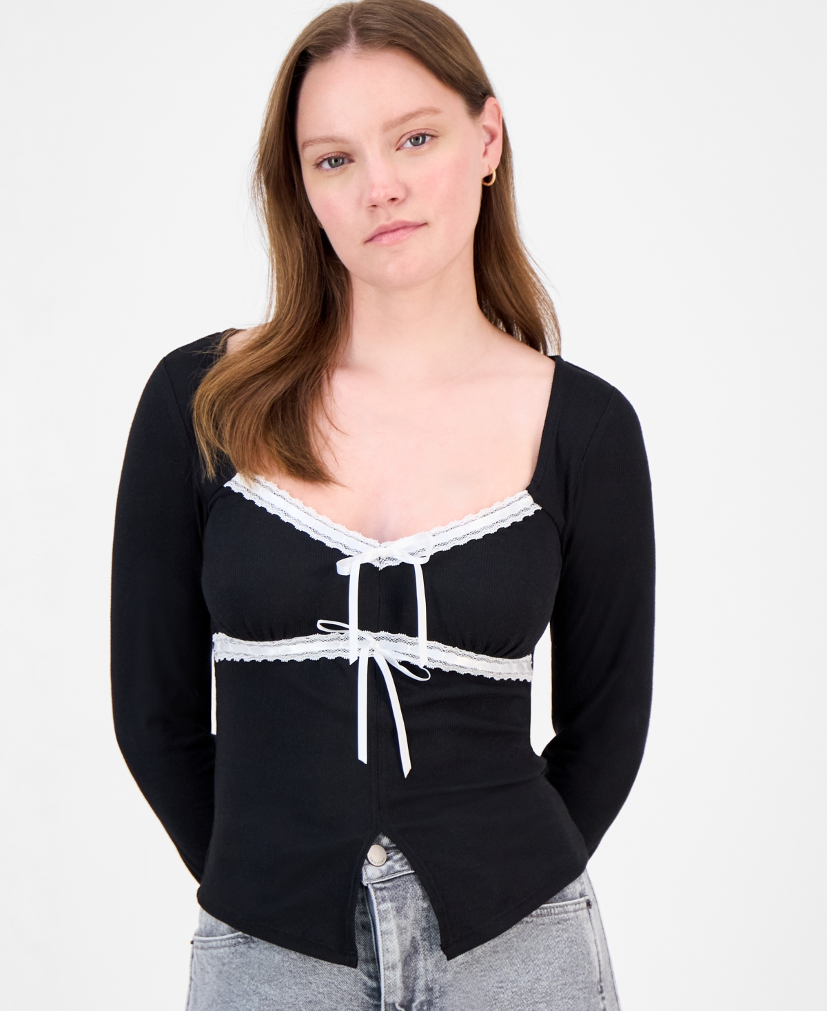 Just Polly Juniors' Lace-trim Sweetheart-neck Knit Top