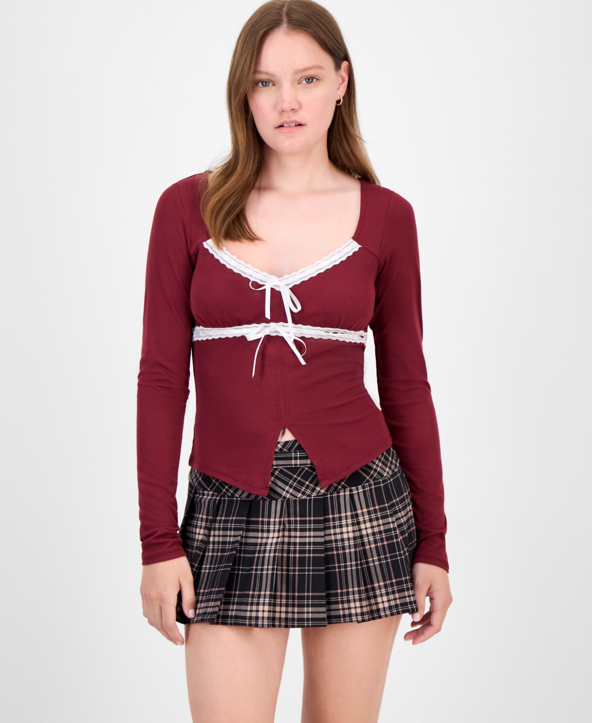 Just Polly Juniors' Lace-trim Sweetheart-neck Knit Top