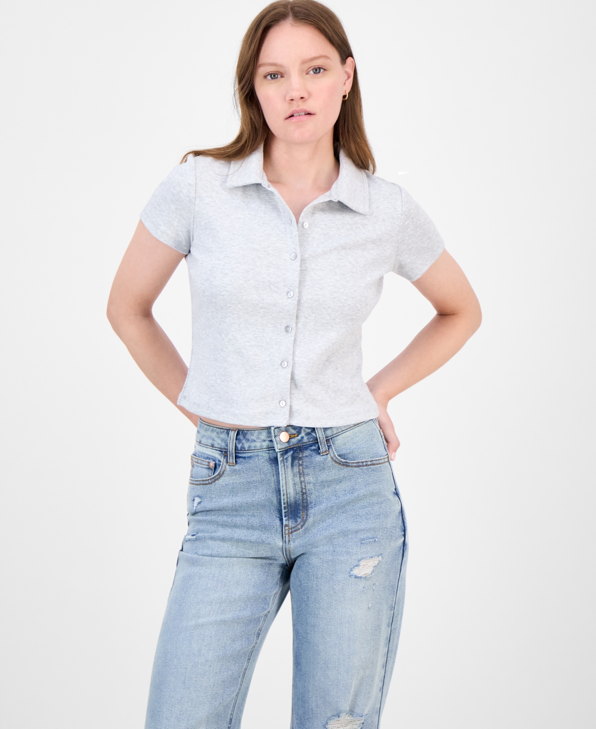 Juniors' Button-Front Collared Short-Sleeve Top - Heather Grey