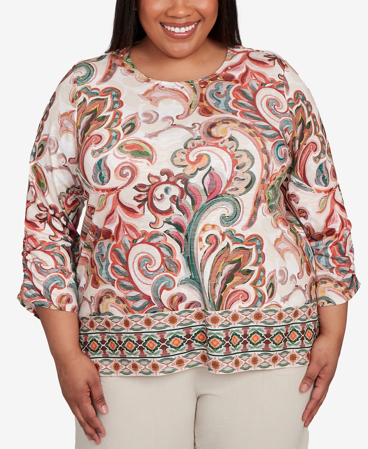 Alfred Dunner Petite Copper Canyon Textured Scroll Border Ruched Sleeves Crew Neck Top