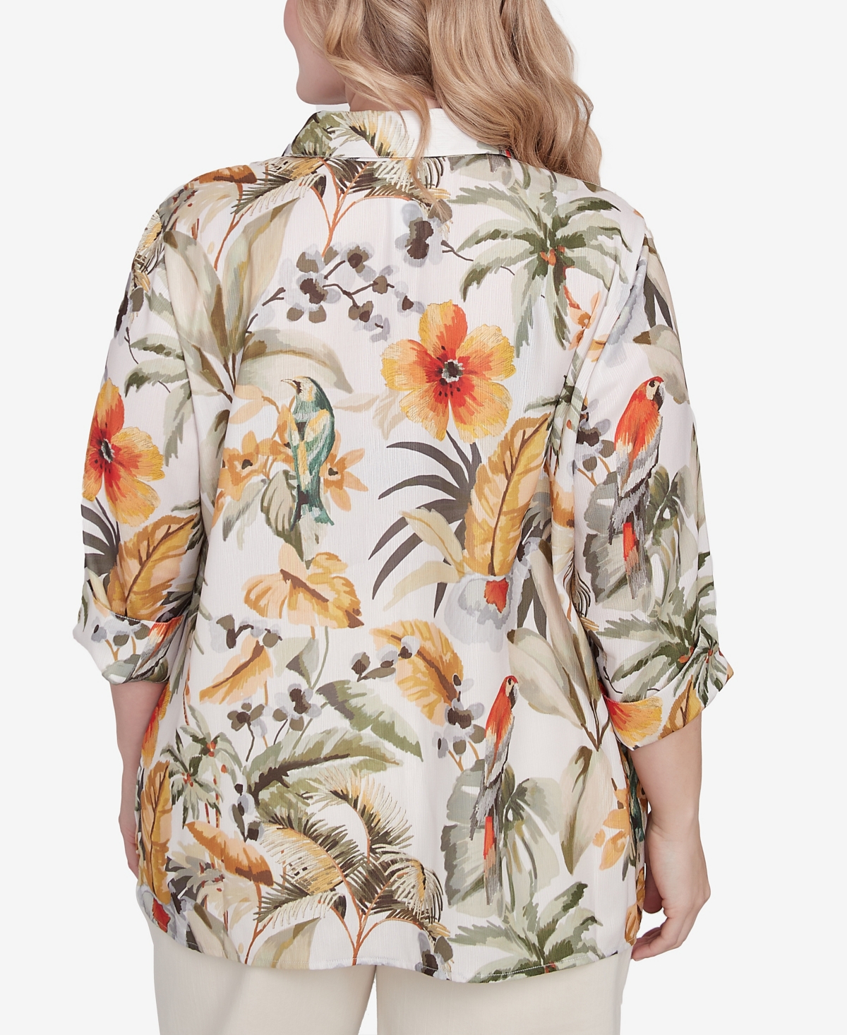 Alfred Dunner Plus Size Tropical Bird Button Front Top