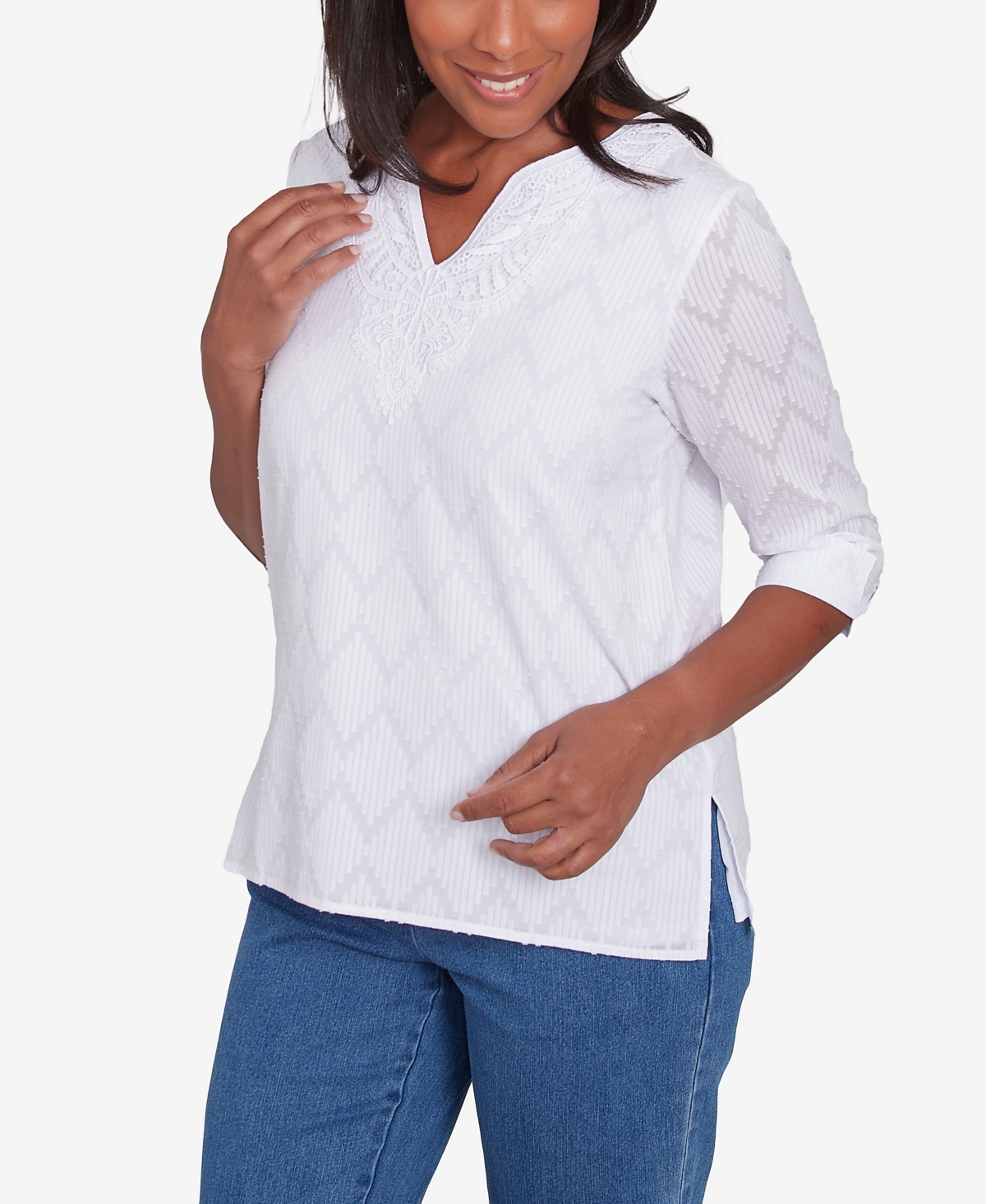 Alfred Dunner Plus Size Textured Split Neck Top