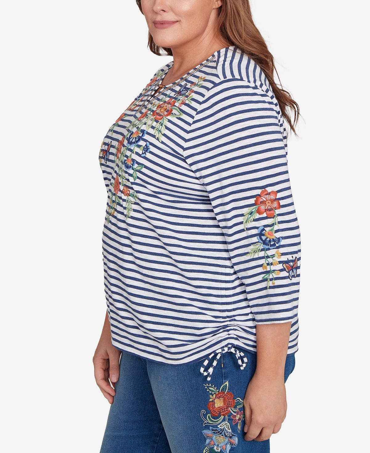 Alfred Dunner Plus Size El Paso Floral Stripe Ruched Sides Top In Blue