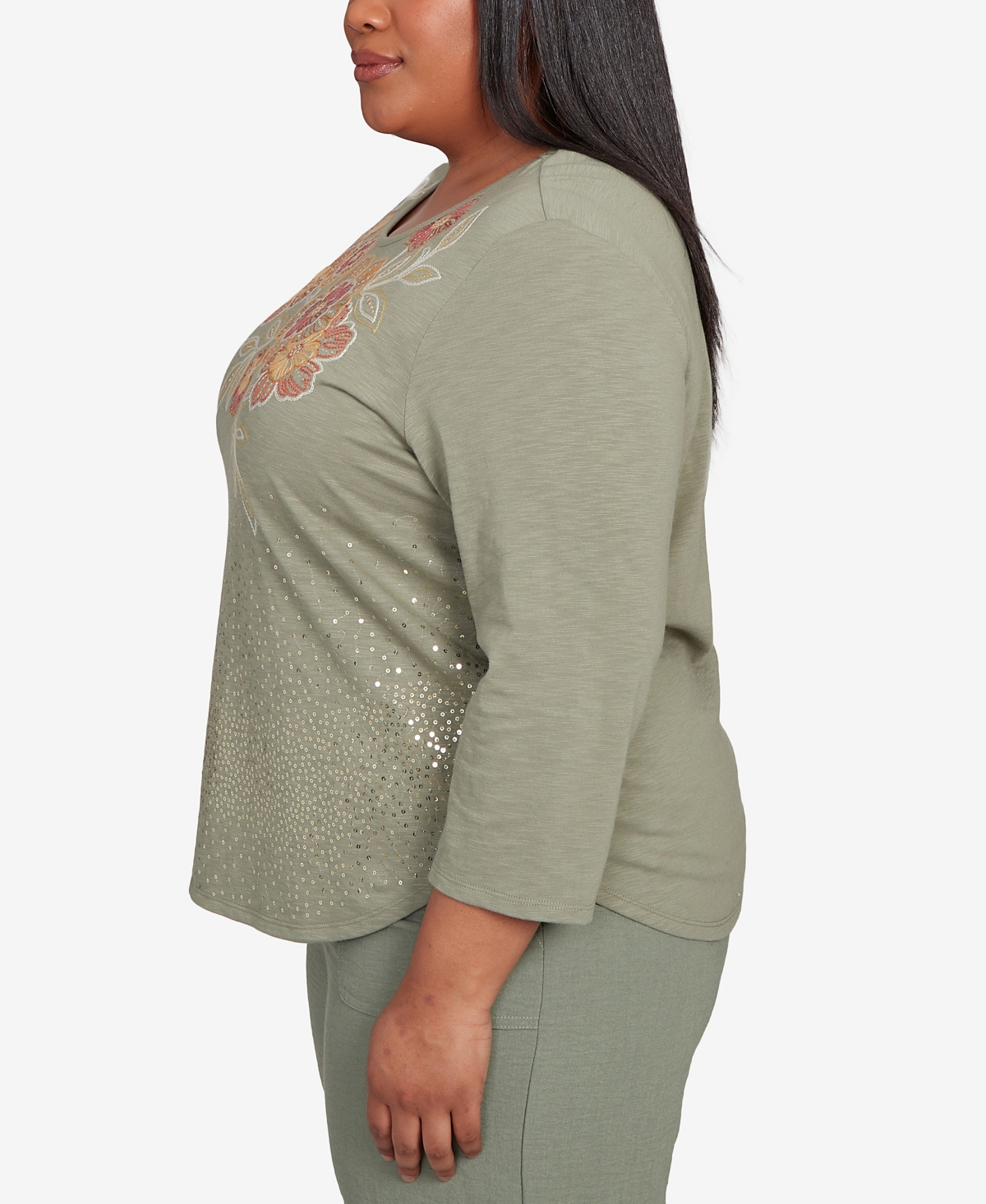 Alfred Dunner Plus Size Copper Canyon Scattered Sequin Floral Neck Top In Gray