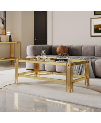  Top and Bottom Double Layer Tempered Glass Coffee Table and Mirror Finished Stainless Steel Frame