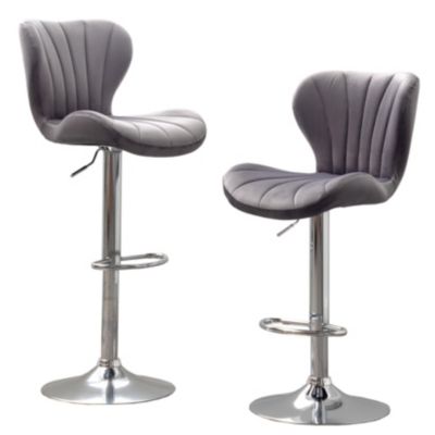 Upholstered Adjustable Swivel Barstools in Gray, Set of 2