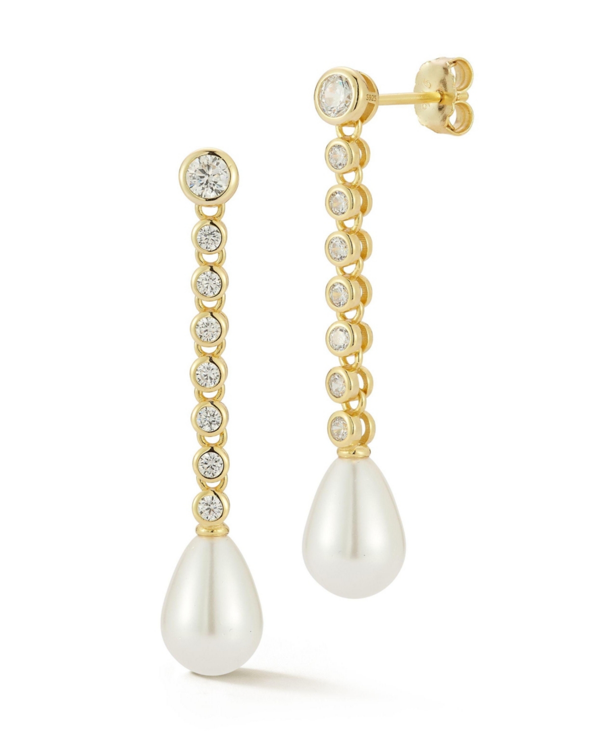 14K Gold Plated Sterling Silver Tennis Pearl Drop Earrings - Gold