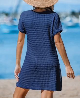 Women's Waffle Knit Short Sleeve Hem Twist Mini Cover-Up