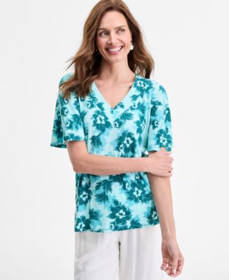 JM Collection - Women's Becca Blossom V-Neck Crepe Top, Exclusively at Macy's