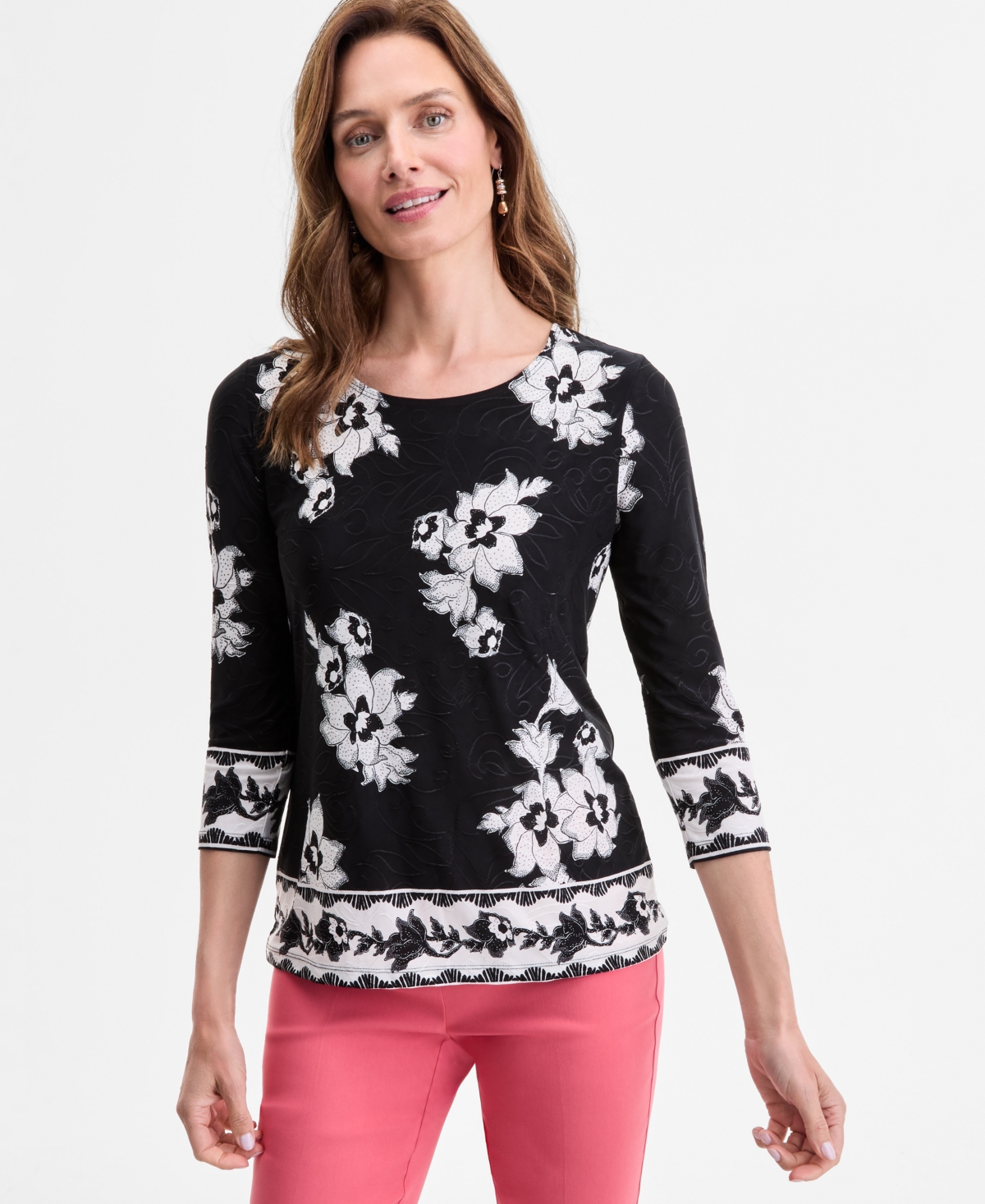 Women's Printed 3/4 Sleeve Scoop-Neck Jacquard Top, Exclusively at Macy's - Deep Black Combo