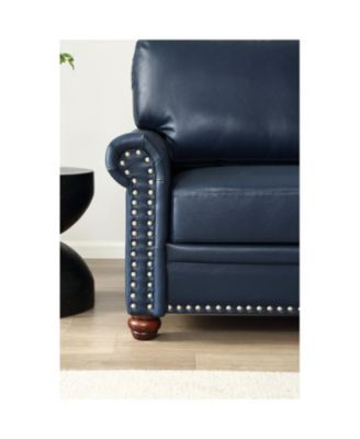 Living Room Round Arm with Silver Nails Sofa Navy Blue Faux Leather