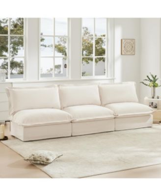 Modern Upholstered 3-Seater Sofa Couch, Armless, Chenille Fabric, Cream