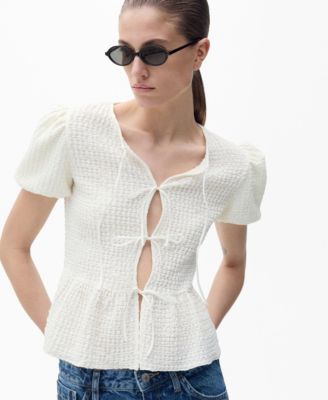 MANGO - Women's Bow closure Textured Blouse