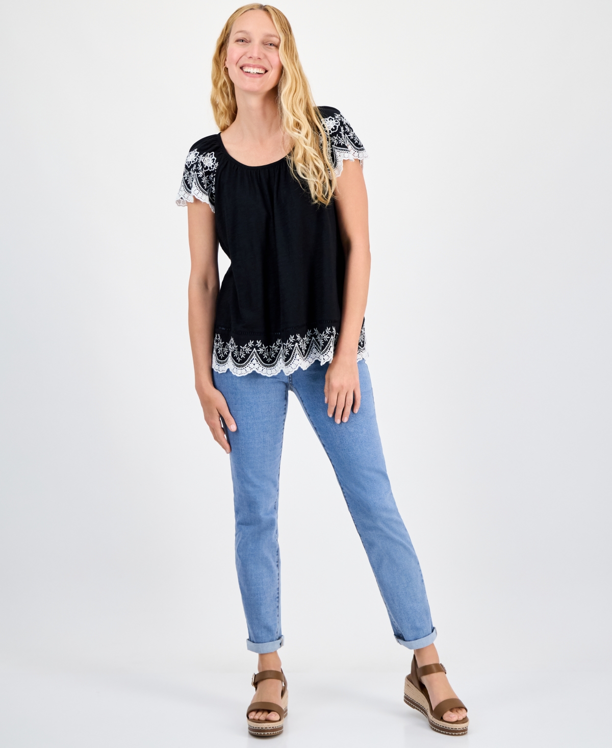 Style & Co Women's Scoop-neck Embroidered Short-sleeve Top, Exclusively At Macy's