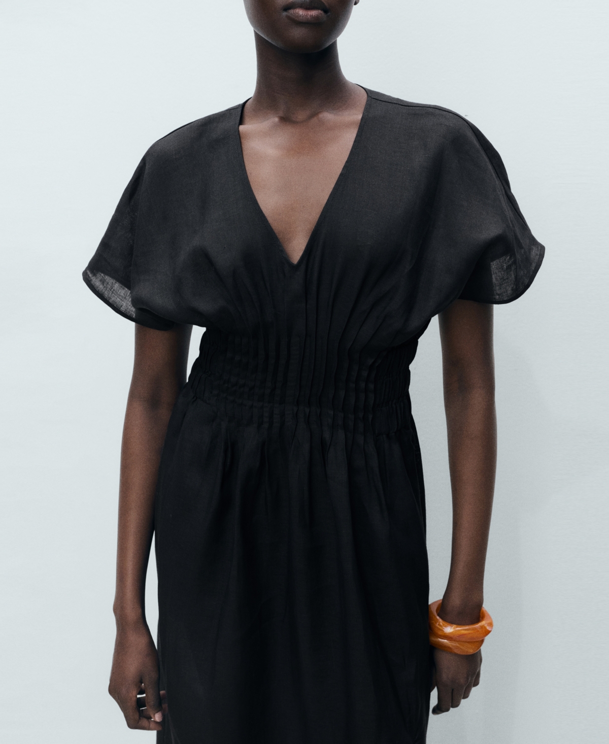Mango Smocked Waist Linen Blend Maxi Dress In Black