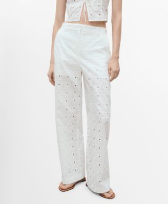 MANGO - Women's Straight-Fit Embroidered Cotton Pants