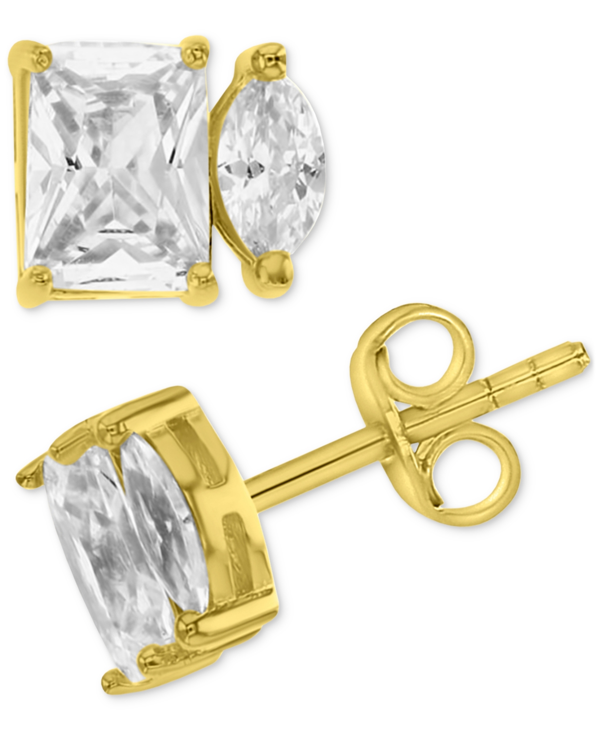 Macy's 2-pc. Set Cubic Zirconia Two-stone Stud & Pave Square Hoop Earrings In 14k Gold-plated Sterling Silv In Yellow