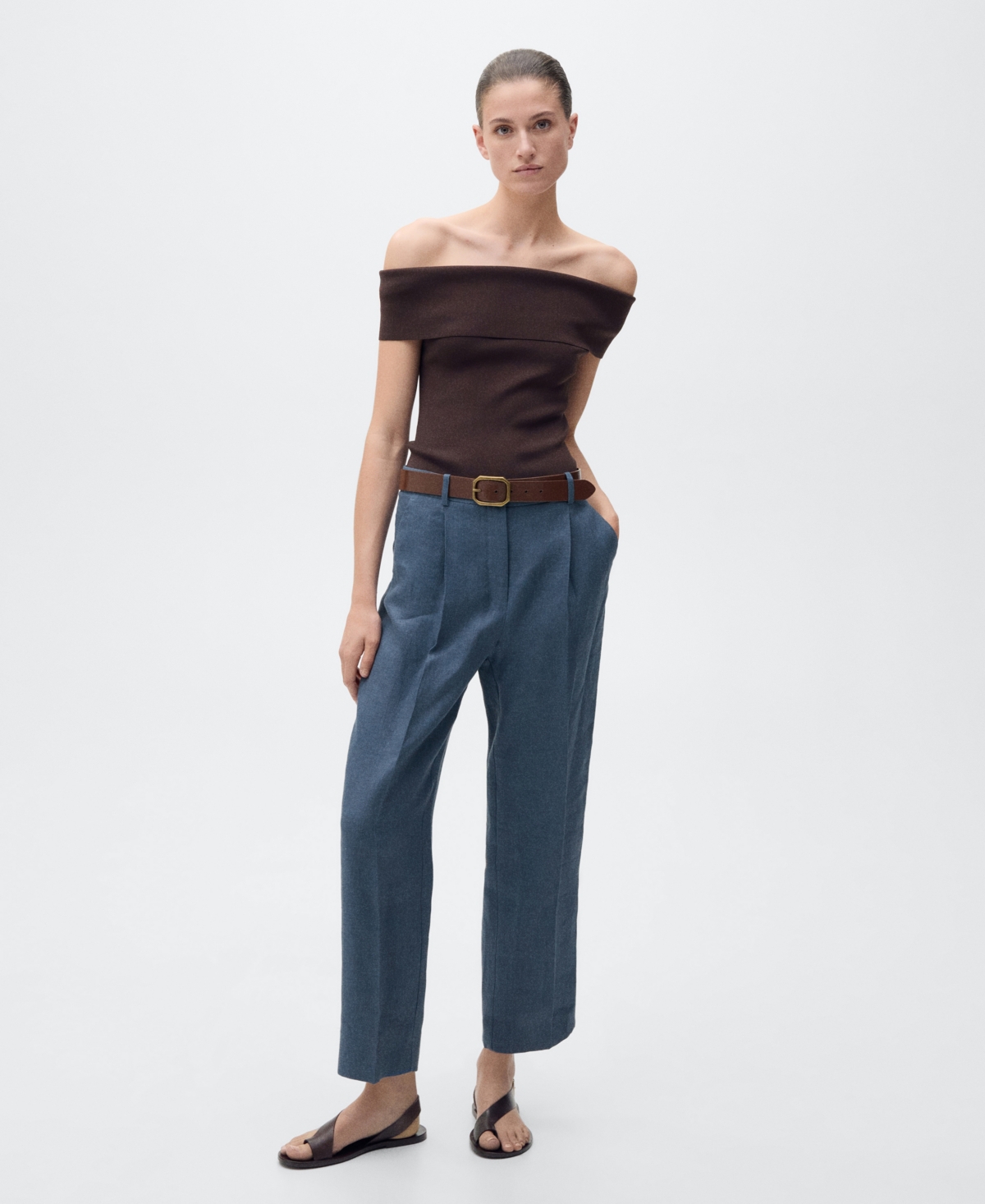 Mango Straight Linen Trousers With Dart Detail Blue In Blue