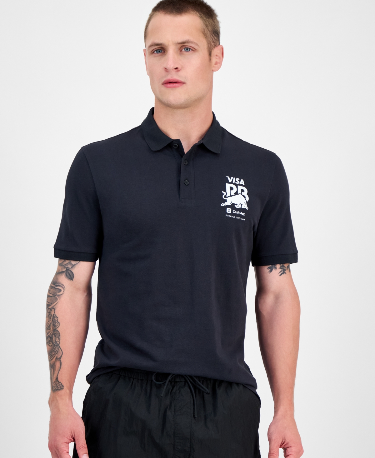 Hugo by Hugo Boss Men's Core Fanwear Relaxed Fit Short Sleeve Sponsor Logos Polo Shirt - Black