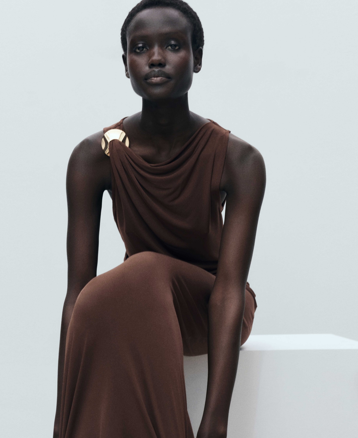 Mango Draped Body-con Maxi Dress In Brown