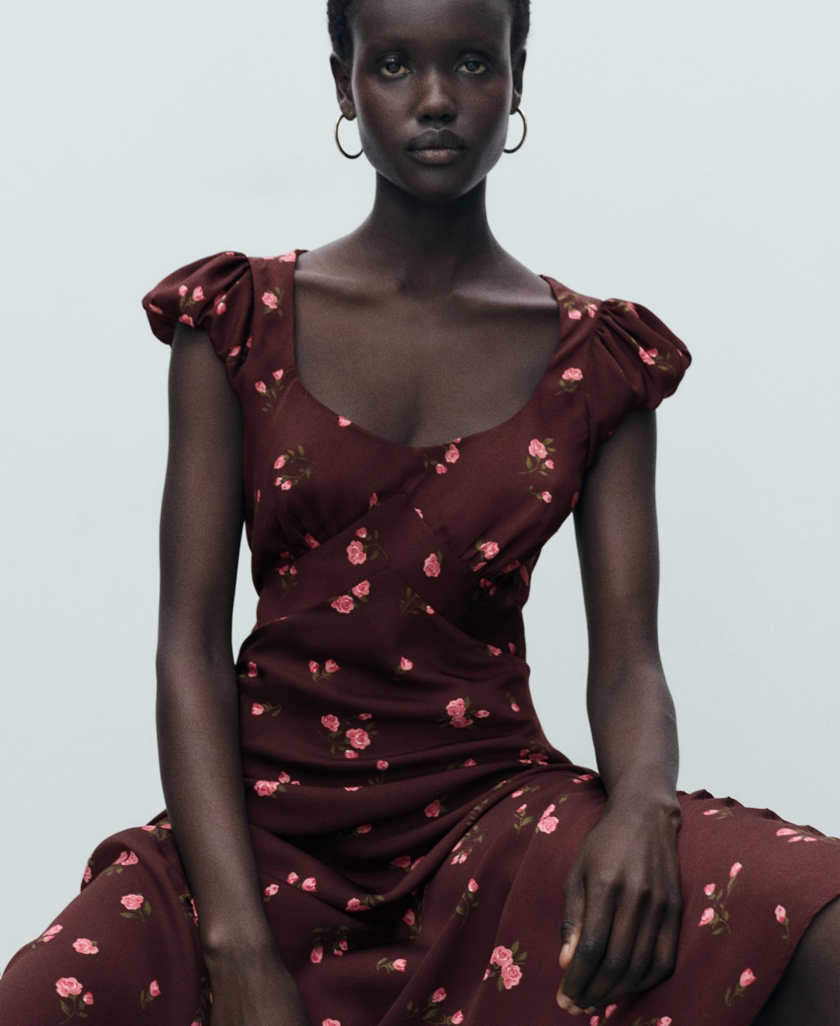Mango Floral Print Cap Sleeve Midi Dress