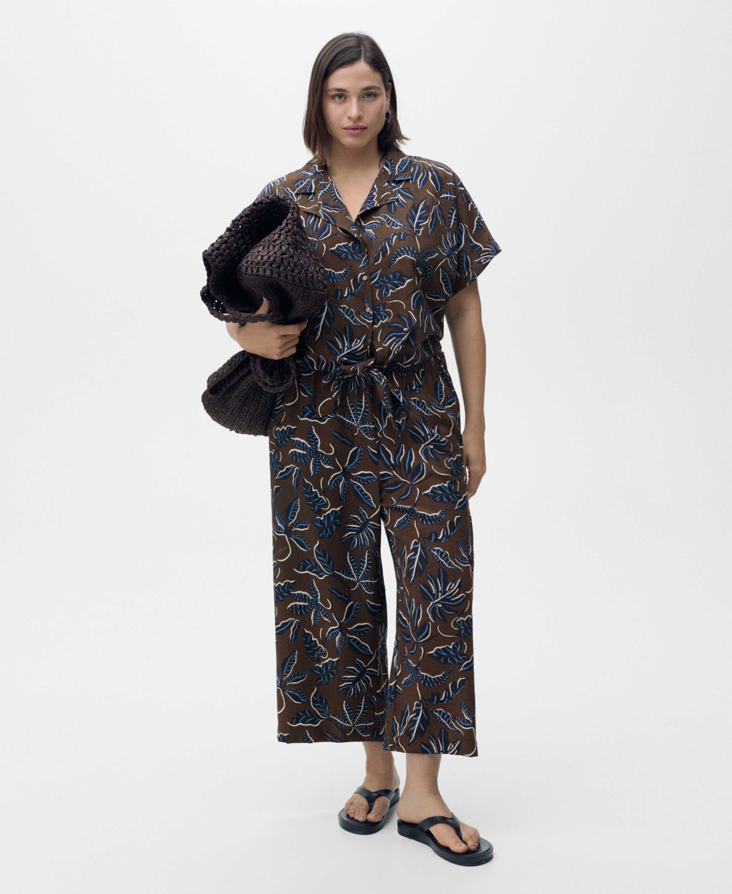 Женская рубашка Mango Floral-Print Knot Detail Cropped, цвет: Коричневый — фото 8