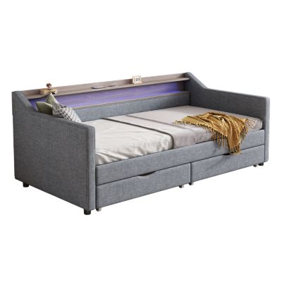 Twin Daybed with Storage, Shelves & USB Ports, Linen Upholstered Sofa with LED Light