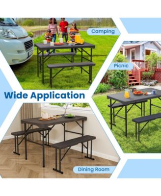 Outdoor Folding Table Bench Set w All-Weather HDPE Tabletop and Sturdy Metal Frame-Black