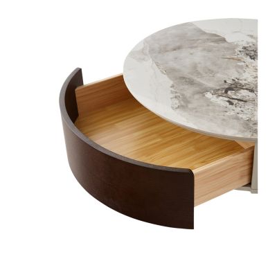Modern White & Wood Coffee Table with Drawers & Golden Legs