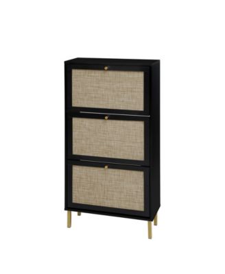Rattan 3 Door Shoe Rack, Freestanding Modern Shoe Storage Cabinet, for Entryway