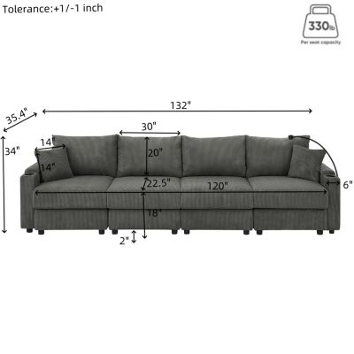 Modern U-Shaped Sofa with Ottomans & Storage Grey Corduroy