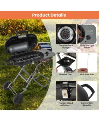 15000 BTU Portable Propane BBQ Grill with Wheels and Side Shelf