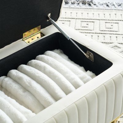  Beige Velvet Storage Ottoman with Gold Decor