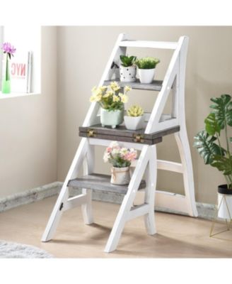Solid Wood Foldable Ladderchair Dual Purpose Stepladders Step Display Stand Flower Stand forHome,Library,Kitchen