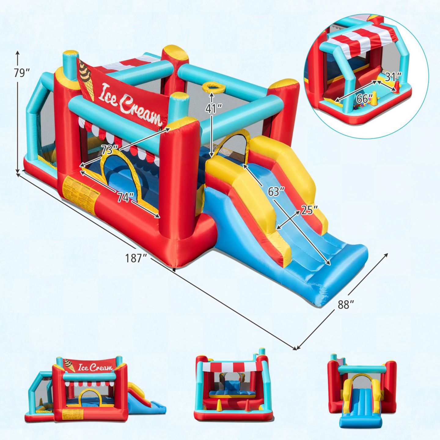Детская игрушка GOUUN 5-in-1 Ice Cream 187"L x 88"W x 79"H Inflatable Bounce House, Up to 2 Players, Ages 3+, цвет: Синий — фото 4