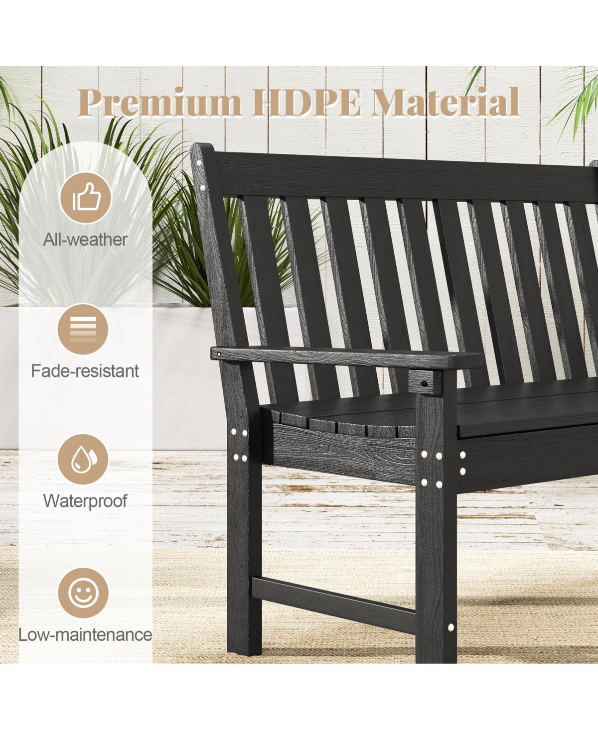 52 Inch All-Weather Hdpe Outdoor Bench with Backrest and Armrests