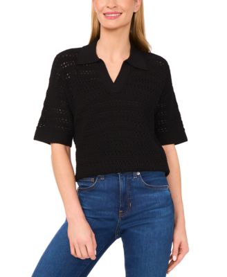 Women's Open-Knit Short-Sleeve Polo Sweater