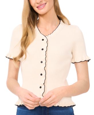 CeCe - Women's Contrast-Trim Ruffled-Edge Short-Sleeve Cardigan