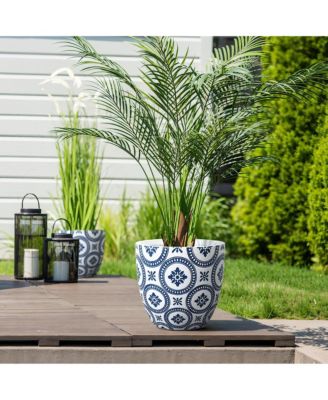 Blue and White Flower Pattern Round Tapered 9.4-Inch Tall Mgo Planter, Indoor and Outdoor