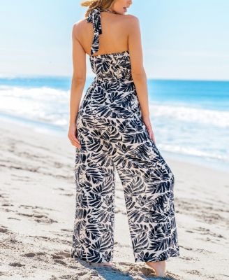 Women's Tropical Leaf Print Halter Wide-Leg Jumpsuit