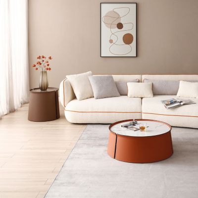 Streamdale 31.5" Coffee Table, Marble Top+Orange Saddle Leather Body+Iron Frame