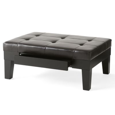 Elegant Storage Ottoman Brown Leather, Slide-Out Drawer, Hardwood Legs