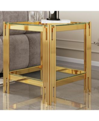 Top and Bottom Double Layer Tempered Glass End Table and Mirror Finished Stainless Steel Frame