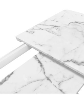 Modern Square Dining Table with Stretchable Design, Printed Marble Top and MDF X-Shape Legs with Metal Base