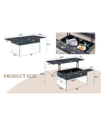 Multifunctional Lift Top Coffee Table with Tempered Glass Legs in Black Marble Pattern
