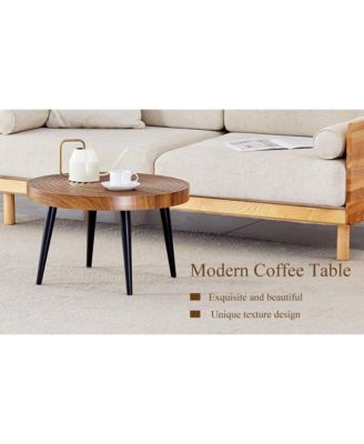 Natural Wood Round Coffee Table - 23.6" Diameter, Black Metal Leg