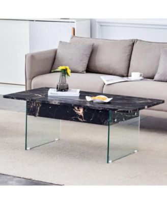 Multifunctional Lift Top Coffee Table with Tempered Glass Legs in Black Marble Pattern