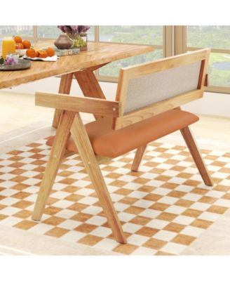 Rubber Wood Dining Bench with Armrest Sherpa Upholstered Backrest and Soft-padded Seat-Natural